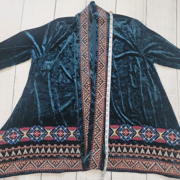 Andree by Unit Velvet Kimono Women 2X Teal Excellent Embroidered Open Cardigan - Picture 7 of 8